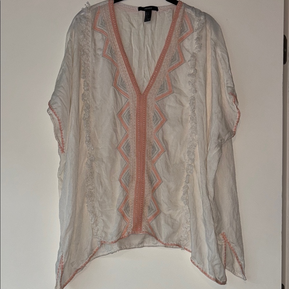 Women's White and Pink Embroidered Tunic